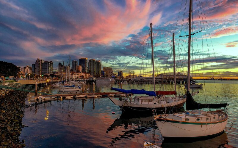 Sailboats in Harbor — Blue, Dramatic, Sunset, Photograph, City Skyline, Sky