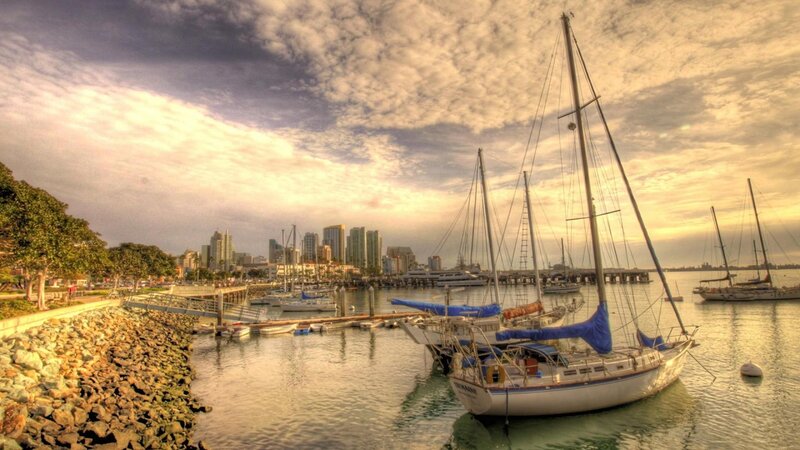 Sailboats in Harbor — Blue, Dramatic, Sunset, Photograph, City Skyline