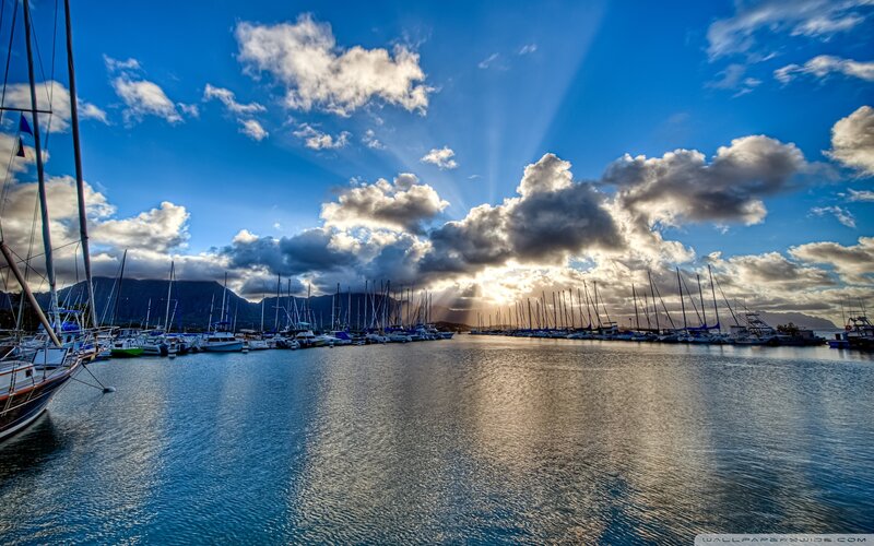 Sailboats in Harbor — Blue, Dramatic, Sunset, Photograph, Clouds, Mountains