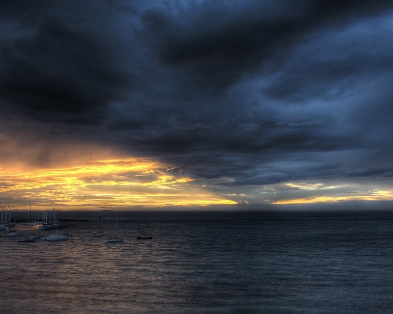 Sailboats in Harbor — Blue, Dramatic, Sunset, Photograph, Clouds, Ocean