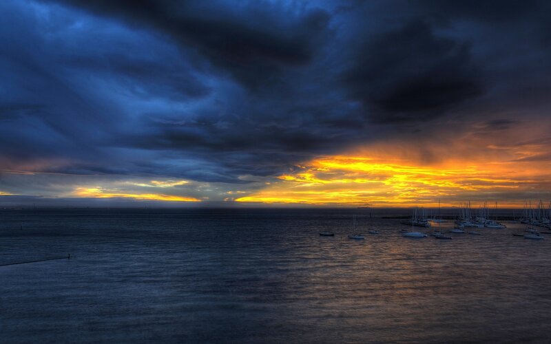 Sailboats in Harbor — Blue, Dramatic, Sunset, Photograph, Clouds