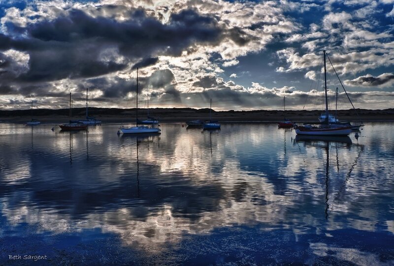 Sailboats in Harbor — Blue, Dramatic, Sunset, Photograph, Clouds, Water