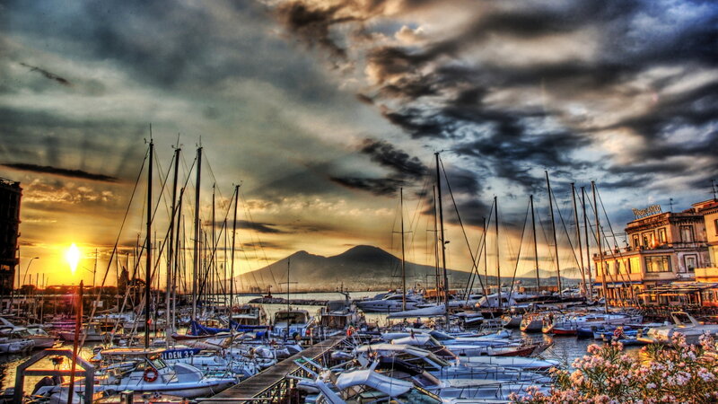 Sailboats in Harbor — Blue, Dramatic, Sunset, Photograph, Mountain