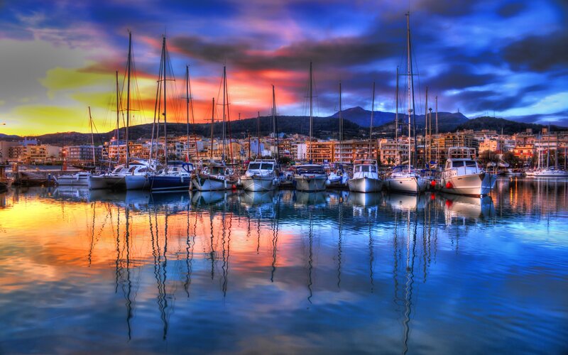 Sailboats in Harbor — Blue, Dramatic, Sunset, Photograph
