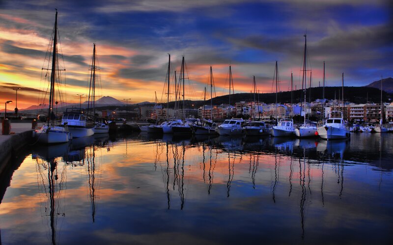 Sailboats in Harbor — Blue, Dramatic, Sunset
