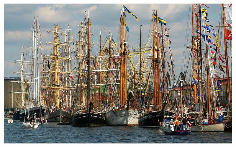 Sailboats in Harbor — Blue, Festive