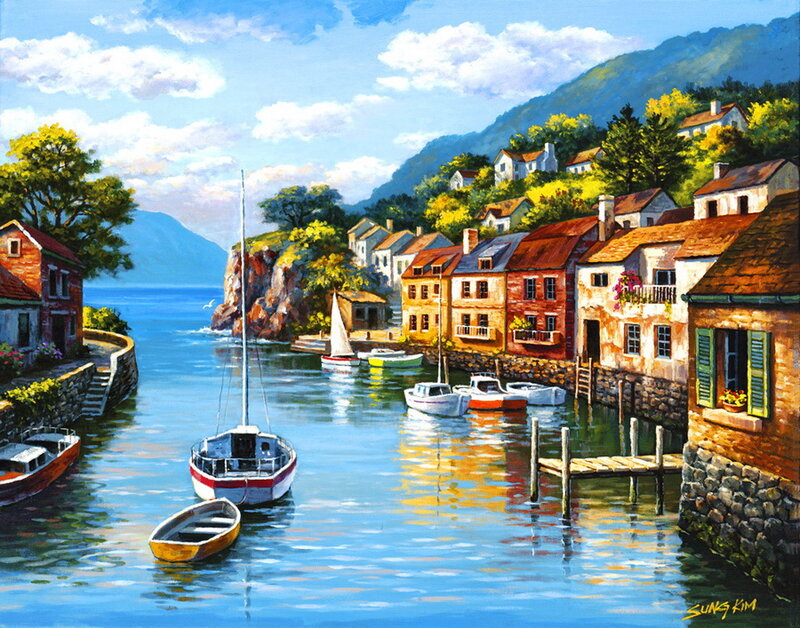 Sailboats in Harbor — Blue, Serene, Afternoon, Painting, Houses