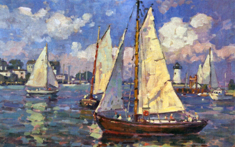 Sailboats in Harbor — Blue, Serene, Afternoon, Painting, Lighthouse
