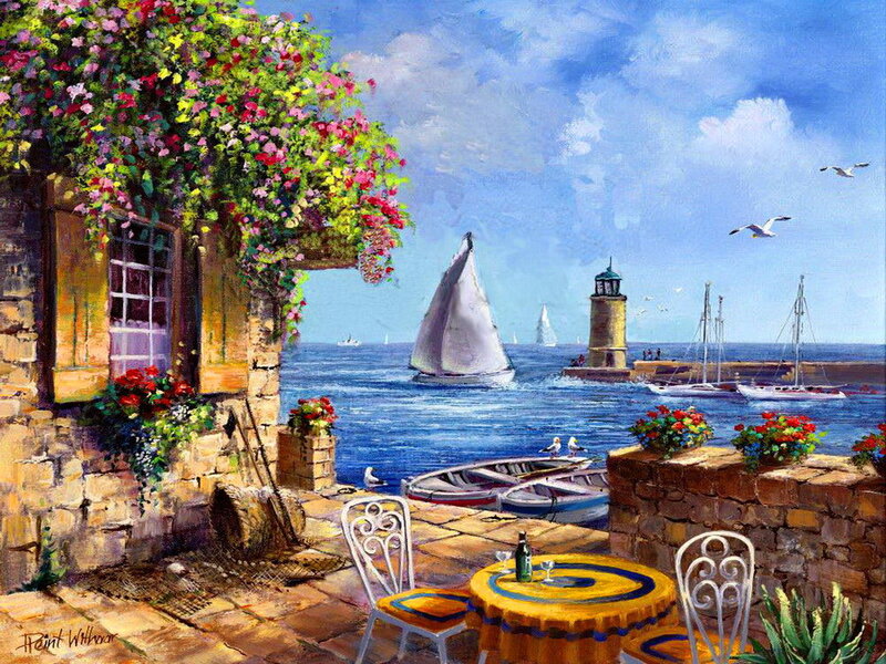 Sailboats in Harbor — Blue, Serene, Afternoon, Painting