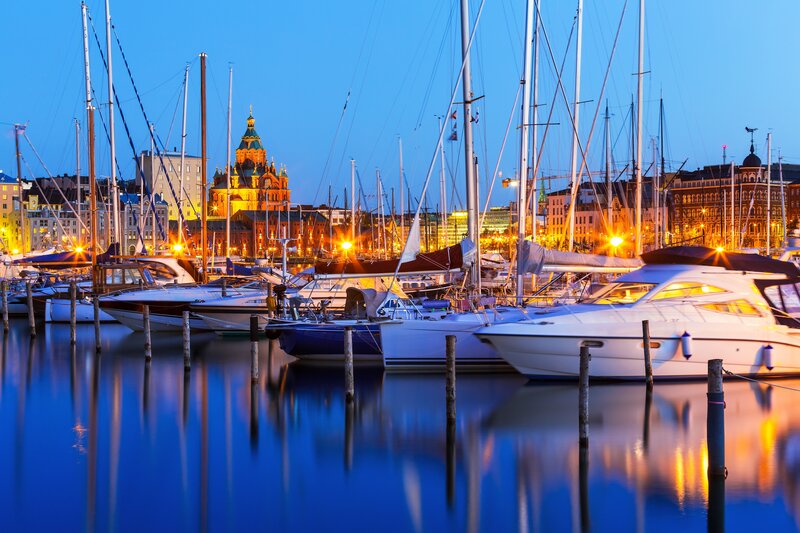 Sailboats in Harbor — Blue, Serene, Night, Photograph, Buildings