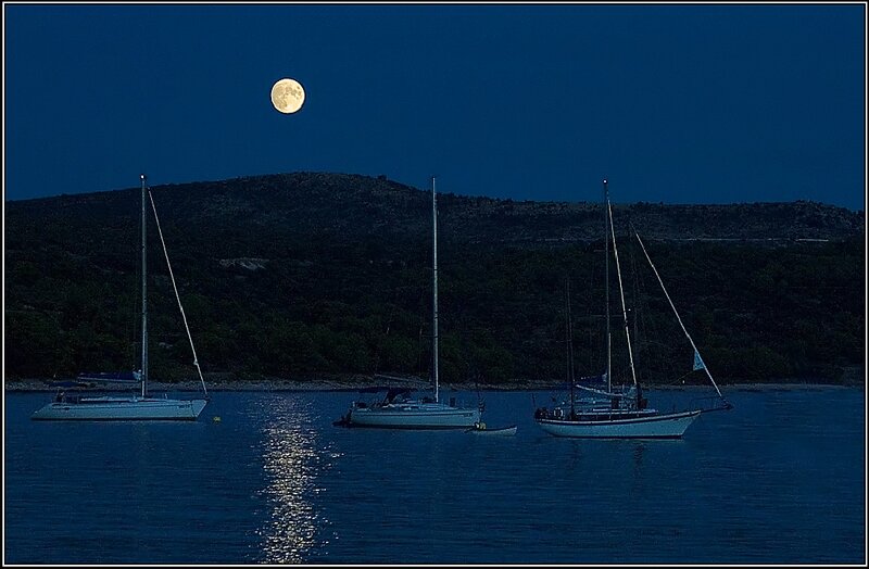 Sailboats in Harbor — Blue, Serene, Night, Photograph, Moon