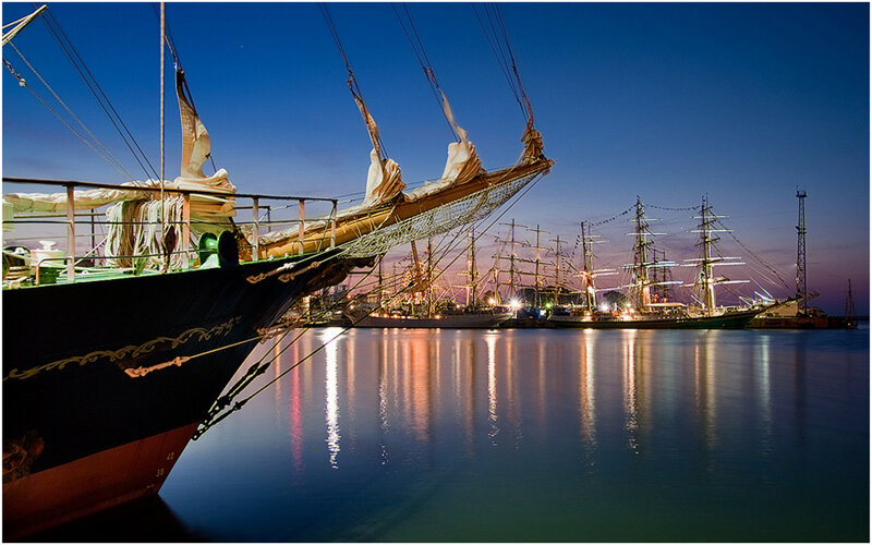 Sailboats in Harbor — Blue, Serene, Night, Photograph, Ships