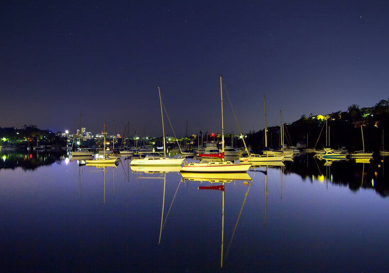 Sailboats in Harbor — Blue, Serene, Night