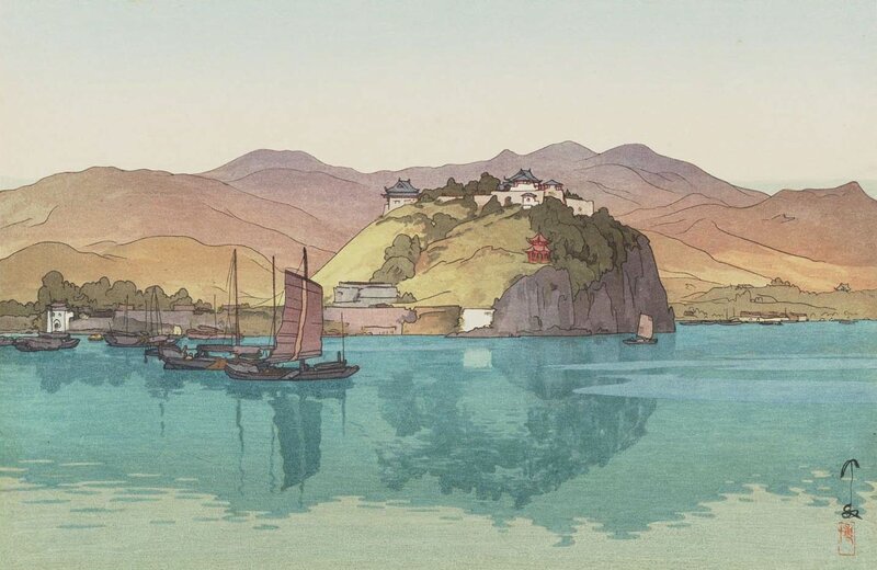 Sailboats in Harbor — Blue, Serene, Sunset, Illustration