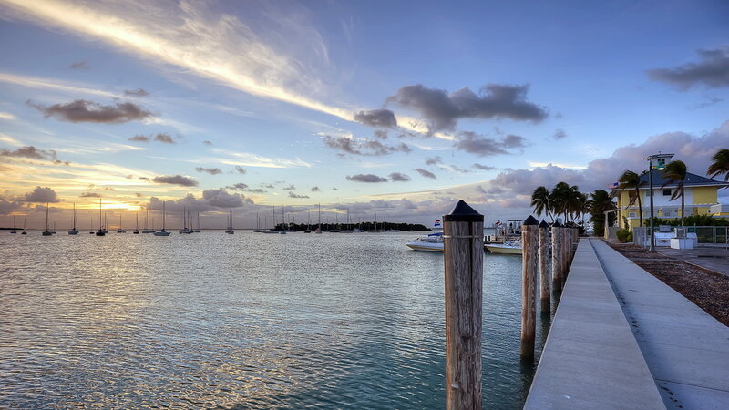 Sailboats in Harbor — Blue, Serene, Sunset, Photograph, Pier, Palms