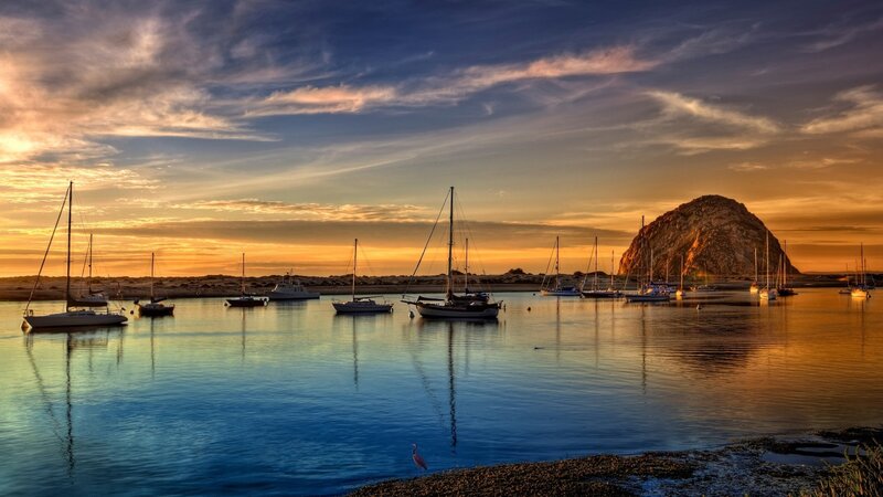 Sailboats in Harbor — Blue, Serene, Sunset, Photograph, Rock Formation