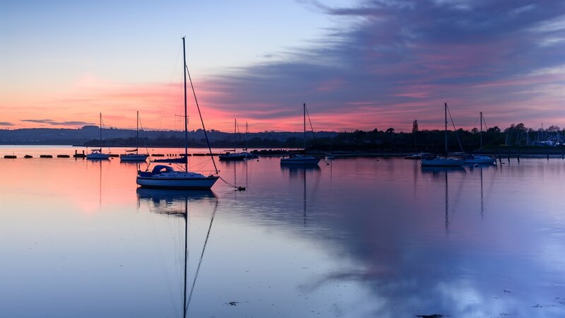 Sailboats in Harbor — Blue, Serene, Sunset, Photograph, Sky