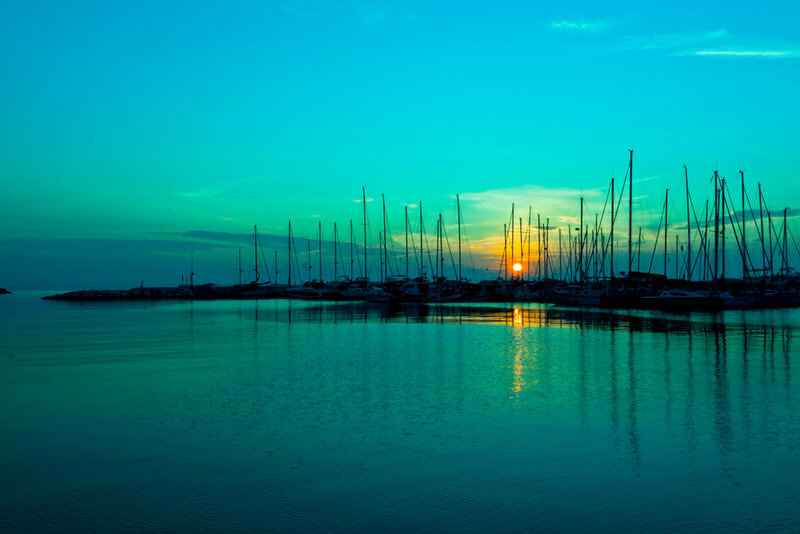 Sailboats in Harbor — Blue, Serene, Sunset, Photograph, Sun