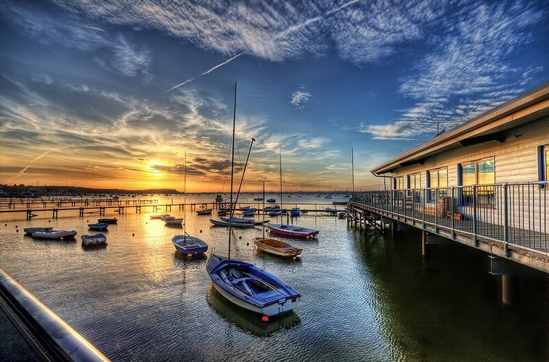 Sailboats in Harbor — Blue, Serene, Sunset