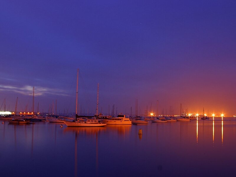 Sailboats in Harbor — Blue