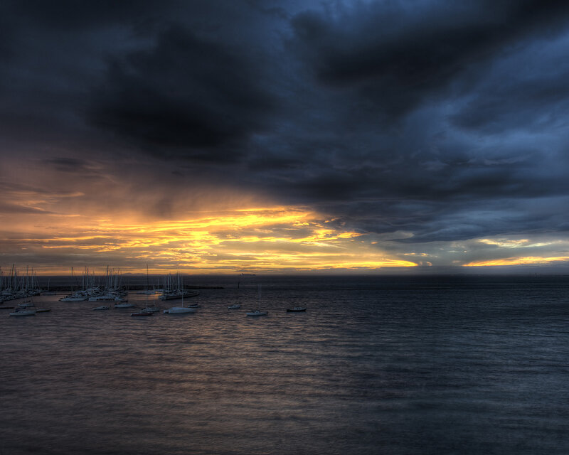 Sailboats in Harbor — Dark Blue, Dramatic, Sunset, Photograph, Clouds, Sunlight