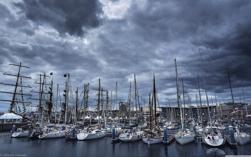 Sailboats in Harbor — Gray, Dramatic, Photograph
