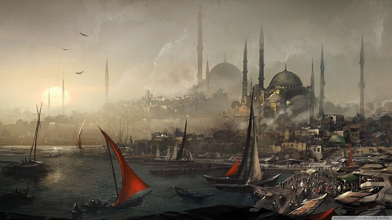Sailboats in Harbor — Gray, Dramatic, Sunset, Digital Art