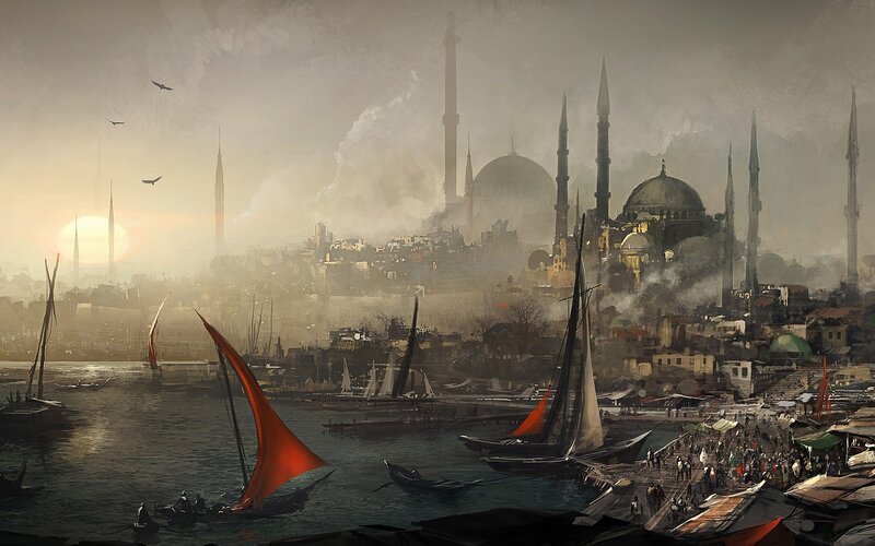 Sailboats in Harbor — Gray, Dramatic, Sunset