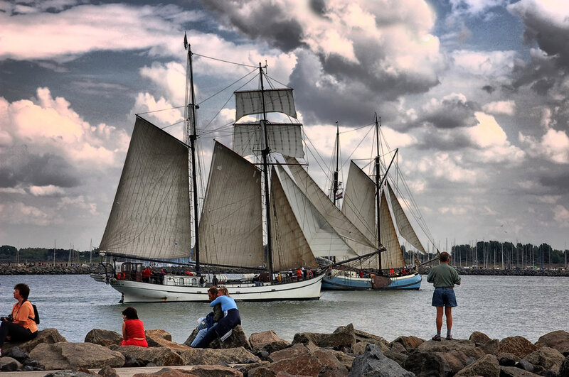 Sailboats in Harbor — Gray, Dramatic