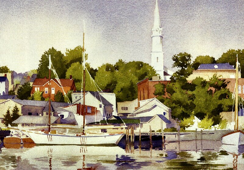 Sailboats in Harbor — Green, Serene, Afternoon, Painting