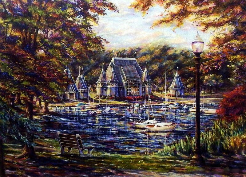 Sailboats in Harbor — Green, Serene, Autumn