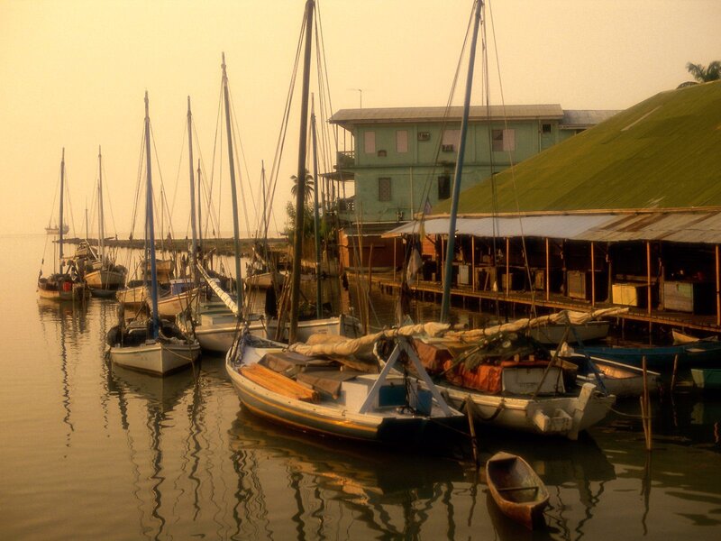 Sailboats in Harbor — Green, Serene, Sunset