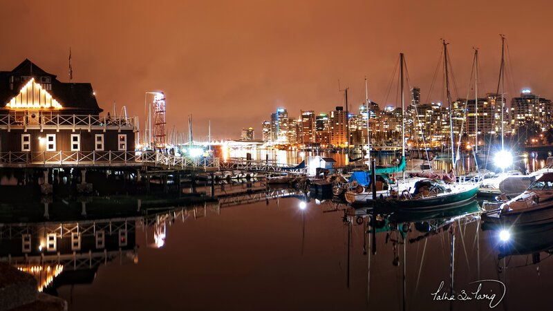 Sailboats in Harbor — Orange, Calm, Night