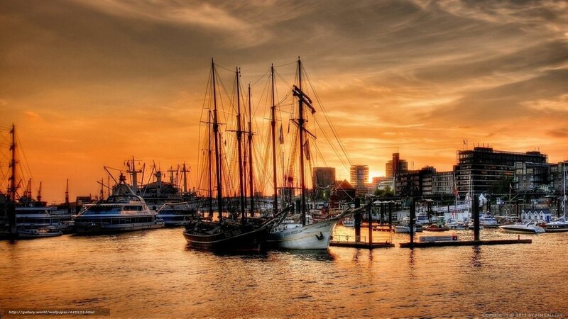 Sailboats in Harbor — Orange, Dramatic, Sunset, Photograph