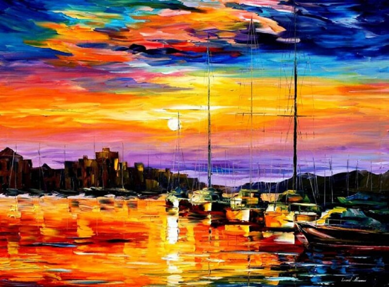 Sailboats in Harbor — Orange, Dramatic, Sunset