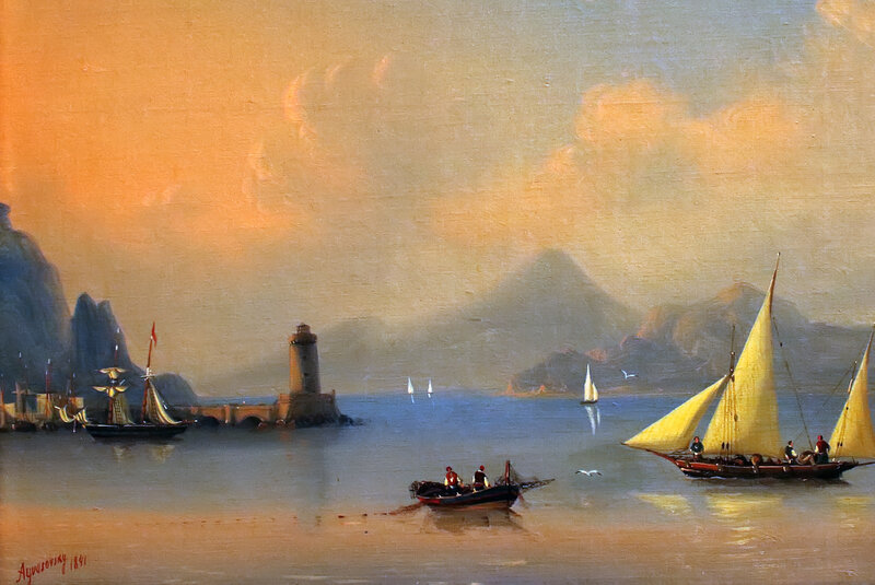 Sailboats in Harbor — Orange, Serene, Sunset, Painting, Ships