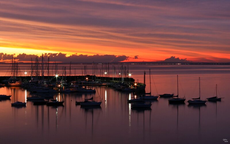 Sailboats in Harbor — Orange, Serene, Sunset, Photograph, Lights