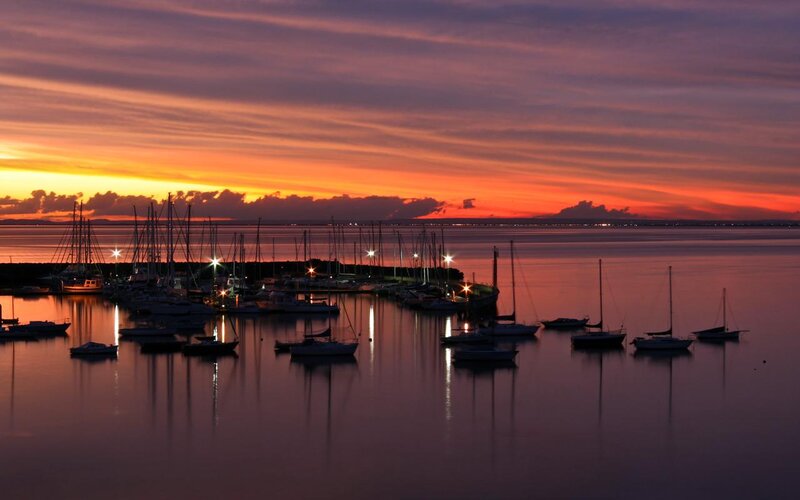 Sailboats in Harbor — Orange, Serene, Sunset, Photograph, Sky