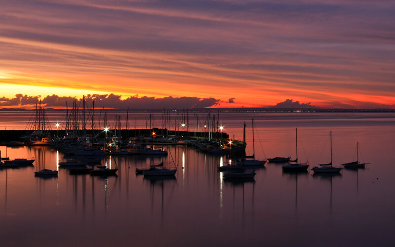 Sailboats in Harbor — Orange, Serene, Sunset, Photograph, Water