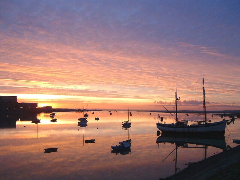 Sailboats in Harbor — Orange, Serene, Sunset
