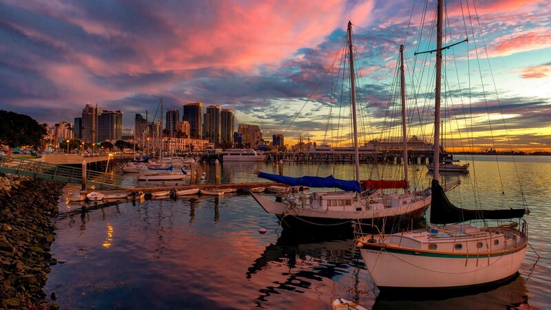 Sailboats in Harbor — Pink, Dramatic, Sunset