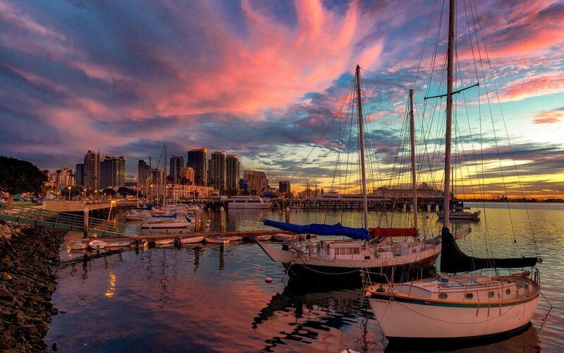 Sailboats in Harbor — Pink, Dramatic
