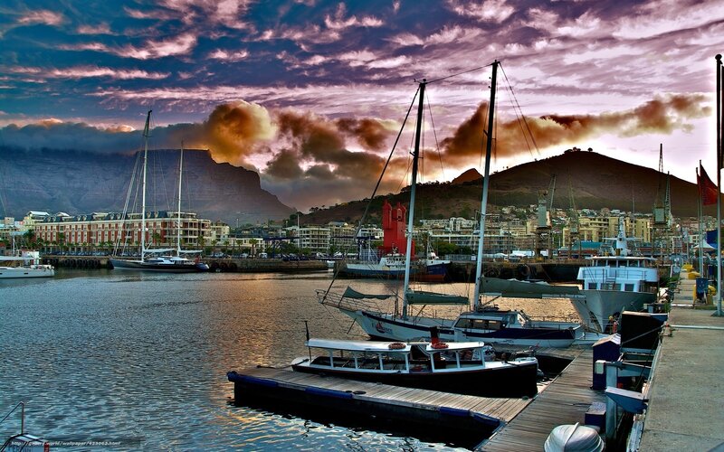 Sailboats in Harbor — Purple, Dramatic, Sunset, Photograph, Mountains, Buildings