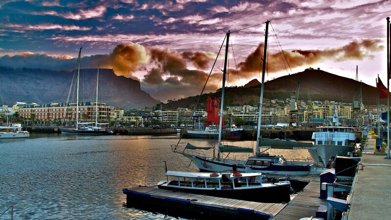 Sailboats in Harbor — Purple, Dramatic, Sunset, Photograph, Mountains