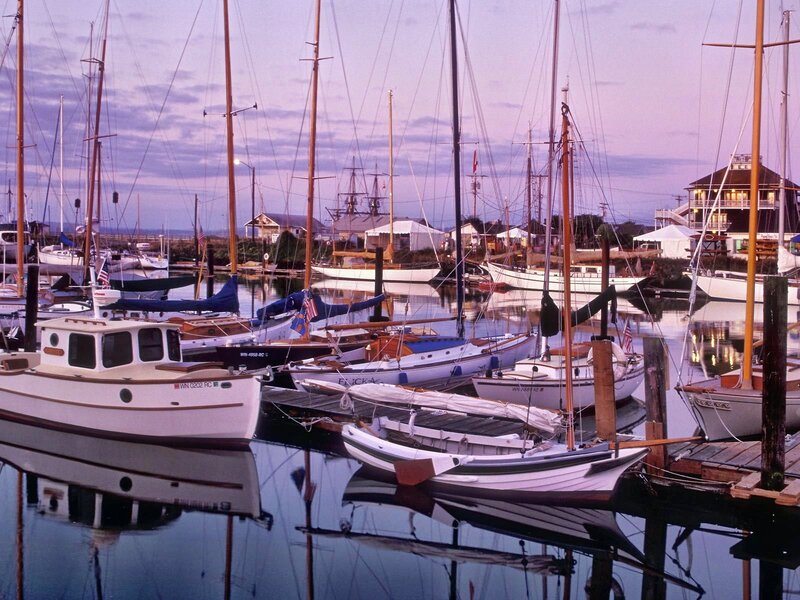 Sailboats in Harbor — Purple, Serene, Sunset, Photograph, Masts