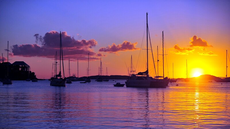 Sailboats in Harbor — Purple, Serene, Sunset, Photograph, Sun