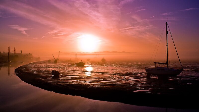 Sailboats in Harbor — Purple, Serene, Sunset, Photograph