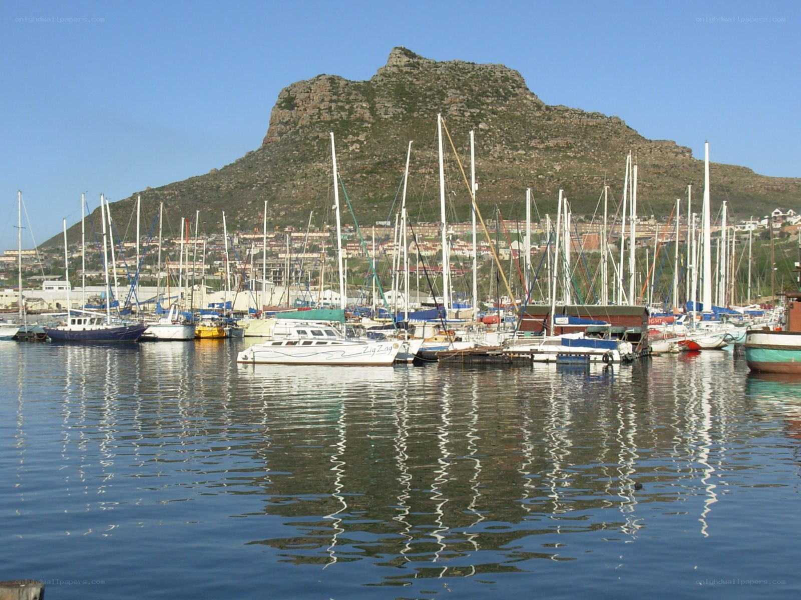 Sailboats in harbor with mountain