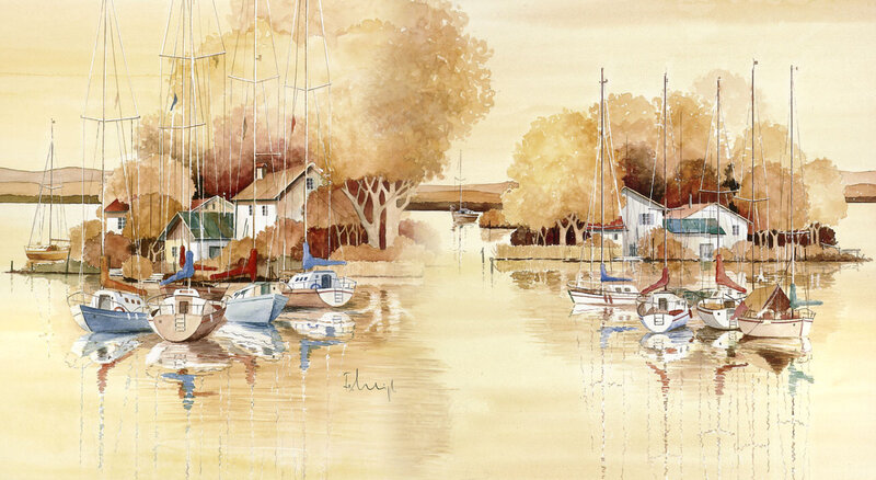 Sailboats in Harbor — Yellow, Serene