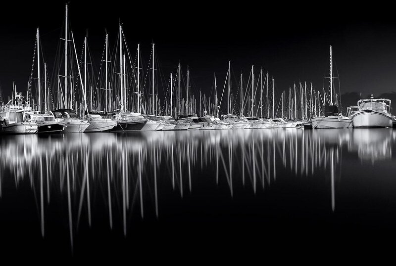 Sailboats in Marina — Black, Serene